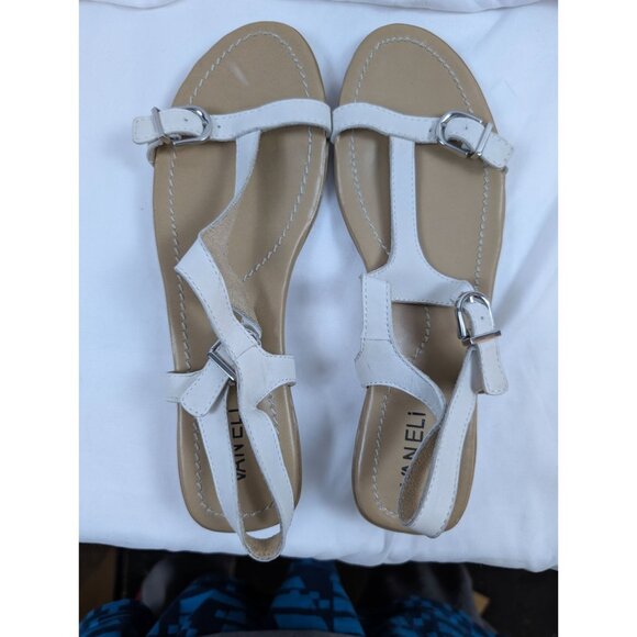 Vaneli White Leather Flat Sandals Womens 9M Adjustable Buckle Straps - Picture 2 of 5